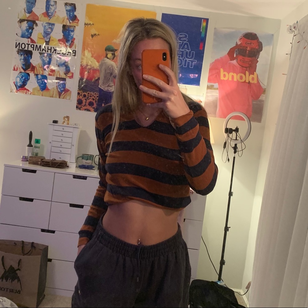 Quiksilver Navy and Orange Striped Thin Hoodie